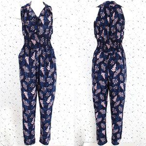 Sleeveless Tropical Leaf Print Jumpsuit Navy Pink